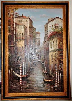 Large European style canvas painting of Venice with gondolas on the Grand Canal