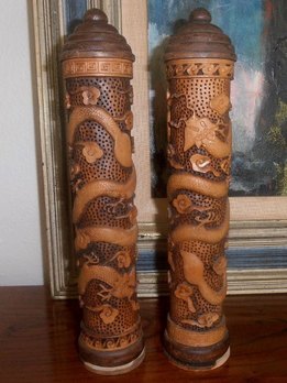 Pair of wood carved Chinese incense holders with dragons