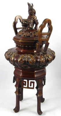 Japanese bronze incense burner with Foo dog finial