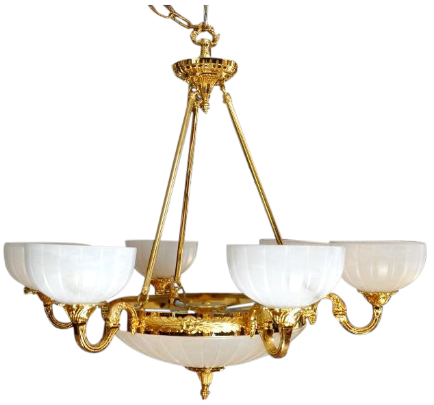  Ornate 9-light gilt bronze chandelier with alabaster shades