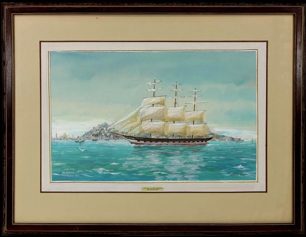 Vintage mixed media painting of a sailing ship in San Francisco by Albert Bertil Tolf