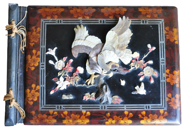 19th century Japanese lacquer photo album with abalone shell eagle