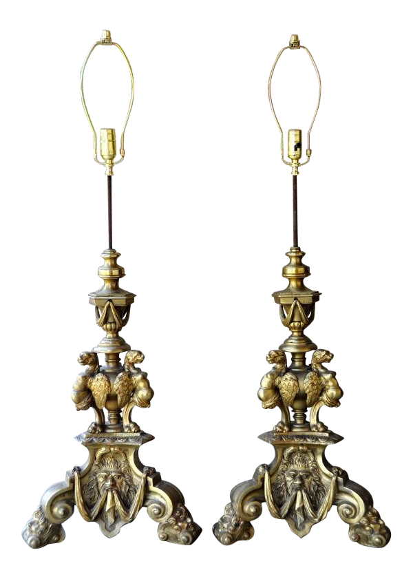 Pair of antique French figural brass andirons converted into custom lamps 