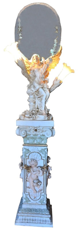 Angel sculpture with tulip lamps and mirror on a pedestal