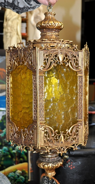 Art Nouveau style 3-light hexagonal brass lantern with chevron shield design