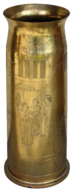 Large brass artillery shell casing trench art vase with engravings