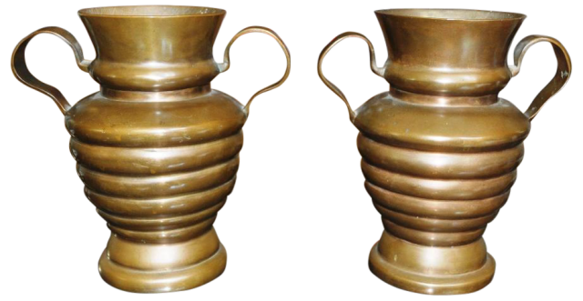 Pair of Arts and Crafts era heavy copper vases with handles