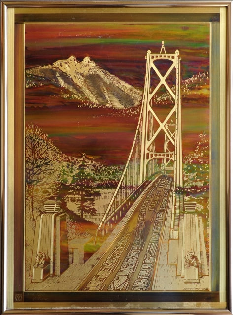 Bernhard Rohne acid etched brass panel depicting the Lions Gate Bridge, Vancouver