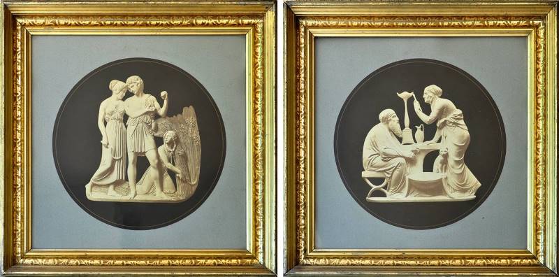 Antique photographs of two of the four ages/seasons Bertel Thorvaldsen relief sculptures