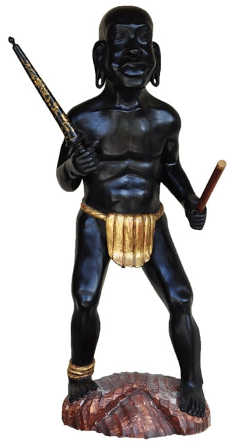 Antique Continental style ebonized and gilt wood carved sculpture depicting a warrior