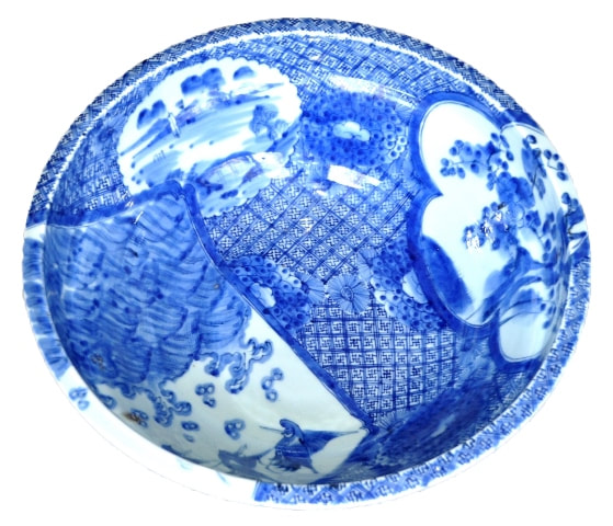 Large Asian blue and white porcelain wash bowl