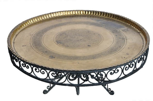 Large 38 inch wide Moroccan engraved brass tray top coffee table on metal base