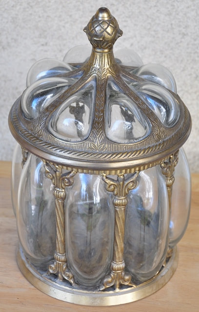 Vintage hand blown bubble glass and brass lidded cookie or apothecary jar