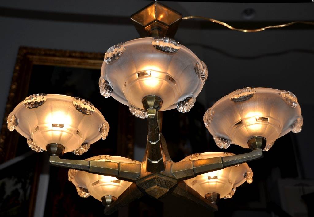French Art Deco 5-light bronze and glass shade chandelier 