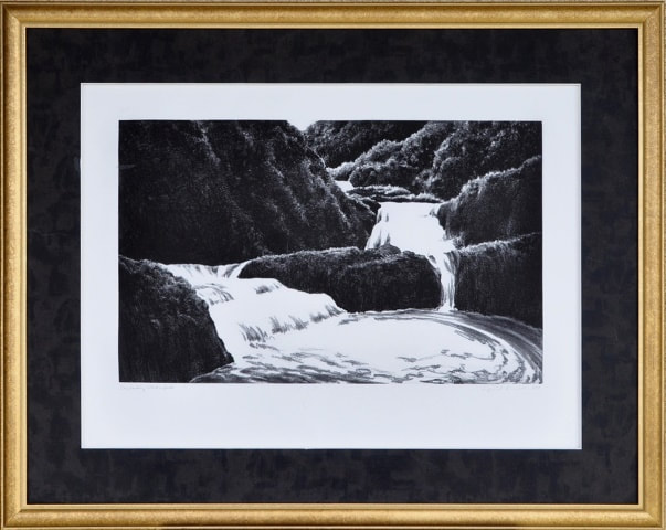 Etching with aquatint titled Cascading Waterfall by April Gornik