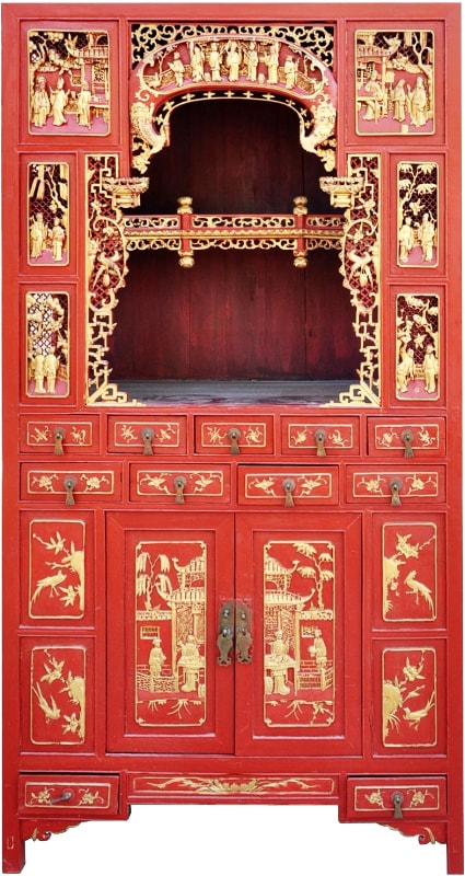 Antique Chinese red shrine cabinet with gilt wood carved panels