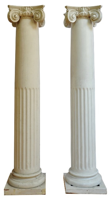 Pair of tall fluted columnar wooden pedestals with Ionic capital tops