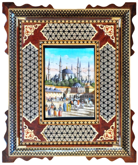 Ceramic tile art depicting the Blue Mosque in Khatam frame