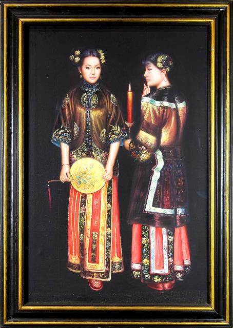 Hand-painted oil on canvas reproduction of Chen Yifei painting titled Waiting for the Rising Moon in the Western Chamber