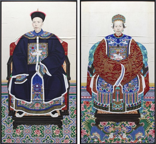 Pair of large Chinese ancestor portrait paintings of a patriarch and a matriarch