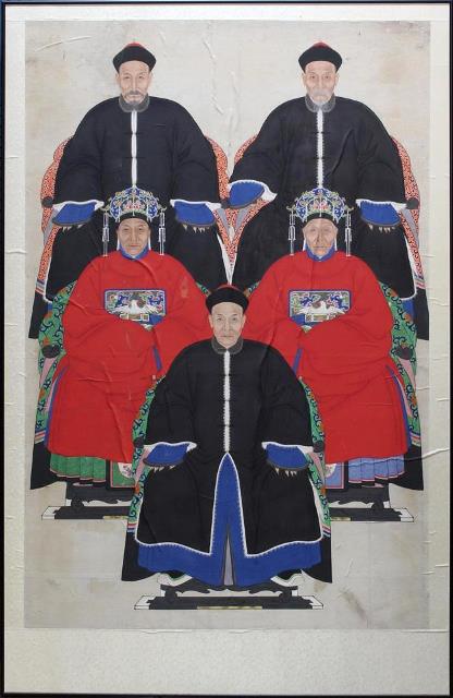 Antique large Chinese ancestor portrait painting of five people sitting in three rows