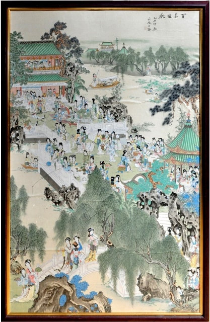 Chinese framed silk painting of women appreciating the spring garden