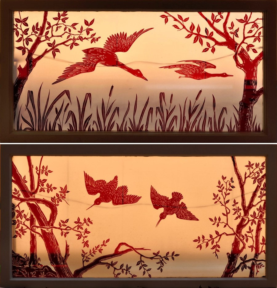 Victorian cranberry glass widow panels with etched birds and trees
