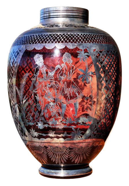 Cranberry glass vase with intricate silver overlay artwork