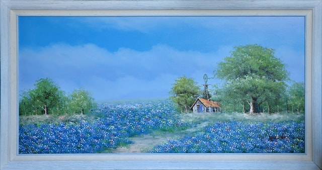 Oil on canvas bluebonnets landscape painting by Delino​