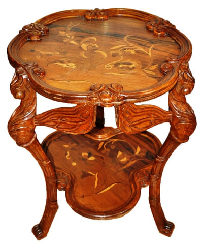 Galle style French Art Nouveau marquetry inlay carved dragonfly table