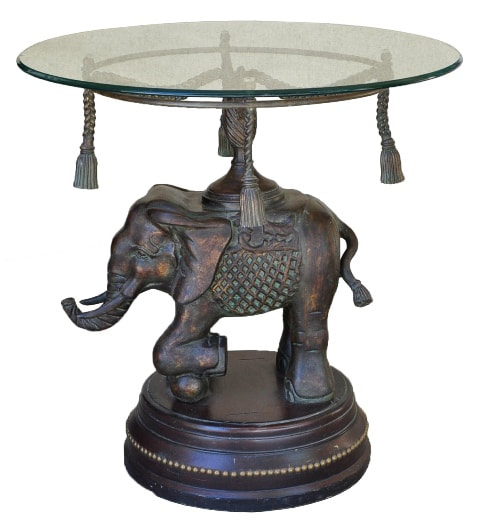 Glass top occasional table with bronze elephant base