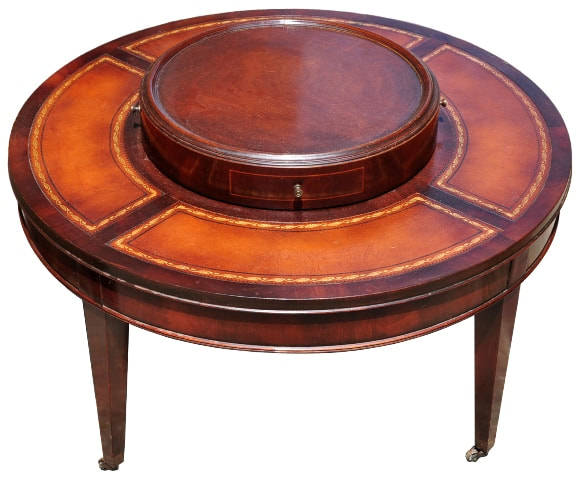 Tooled Leather Top And Lazy Susan Turntable, Vintage Round Leather Top Coffee Table