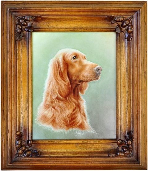 German hand painted porcelain plaque by Olga Satrap depicting a dog