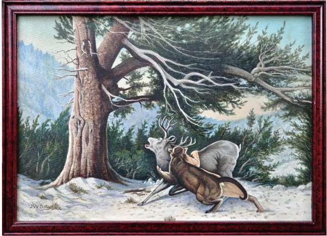 Oil on masonite painting by California artist John Doty depicting a mountain lion hunting a mule deer​ in Mt. Lassen