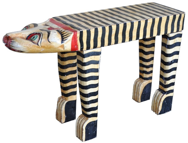 Hand painted carved wood tiger sculpture in the form of a bench/stool