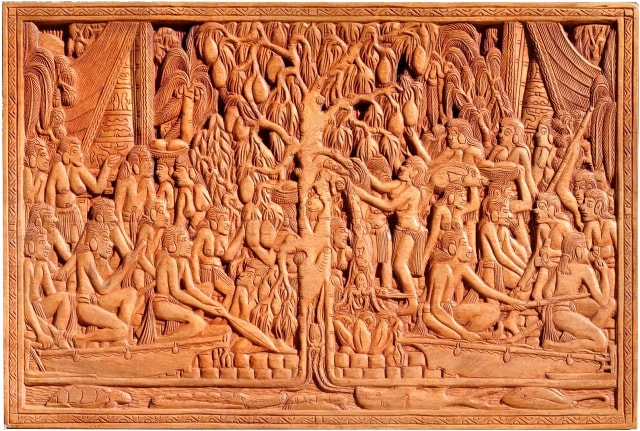 Storyboard from Palau depicting the Legend of the Breadfruit Tree in 3D relief wood carving