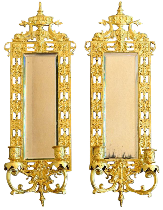 Pair of Neoclassical gilt metal mirrored candle wall sconces