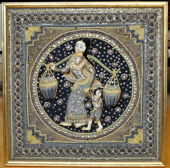 Framed Thai Kalaga tapestry with glass beads depicting mother and child