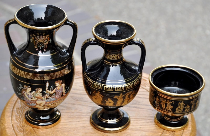 Set of 3 Neofitou Greek black urn and cup with gold trim artwork