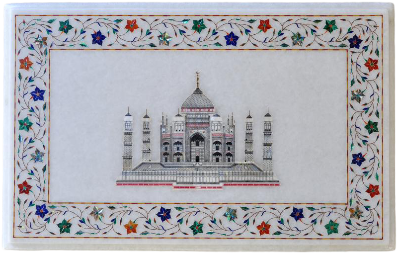Mother of pearl inlay depicting the Taj Mahal on a marble panel with pietra dura decorations
