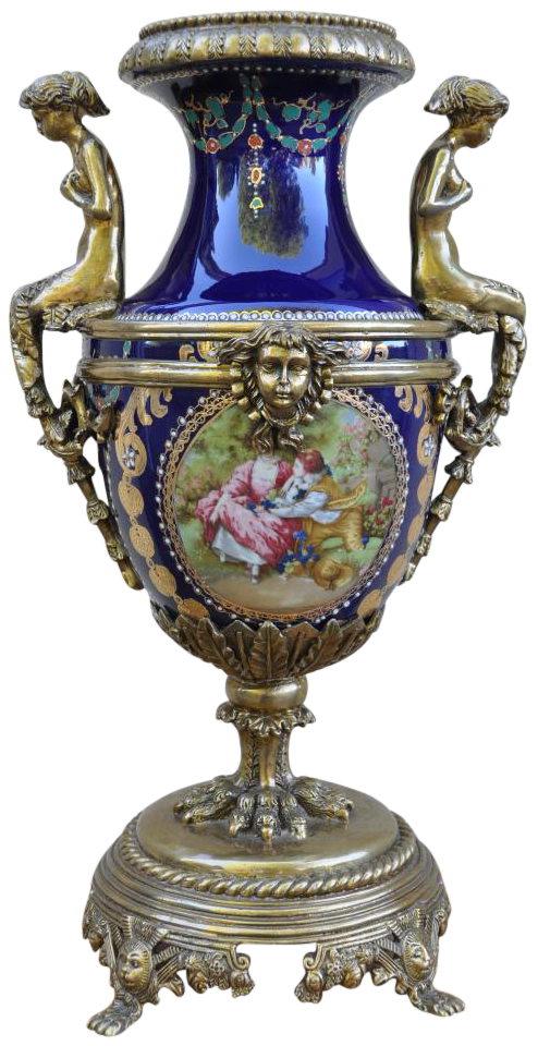 French Sèvres style gilt bronze mounted cobalt porcelain baluster vase with figural mermaid handles