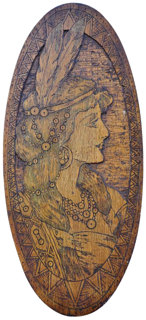 Vintage Art Nouveau style oval wooden plaque depicting Pocahontas​
