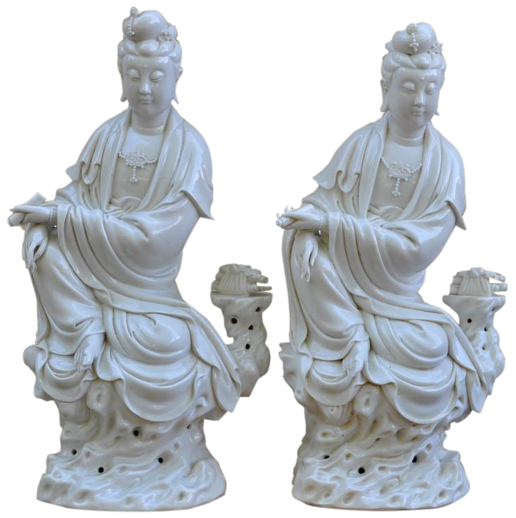 Pair of Chinese porcelain Blanc De Chine Bodhisattva statues