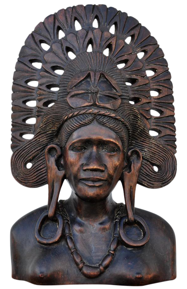 Balinese wood carved bust sculpture of a woman with headdress
