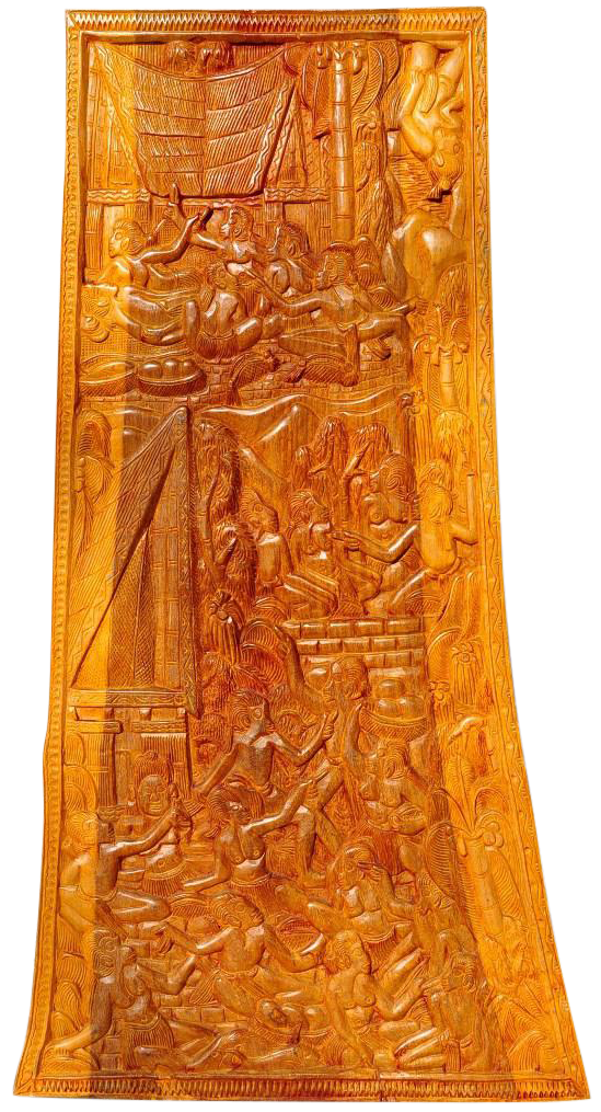 Vintage Polynesian storyboard with relief carvings on both sides of a heavy wood plank