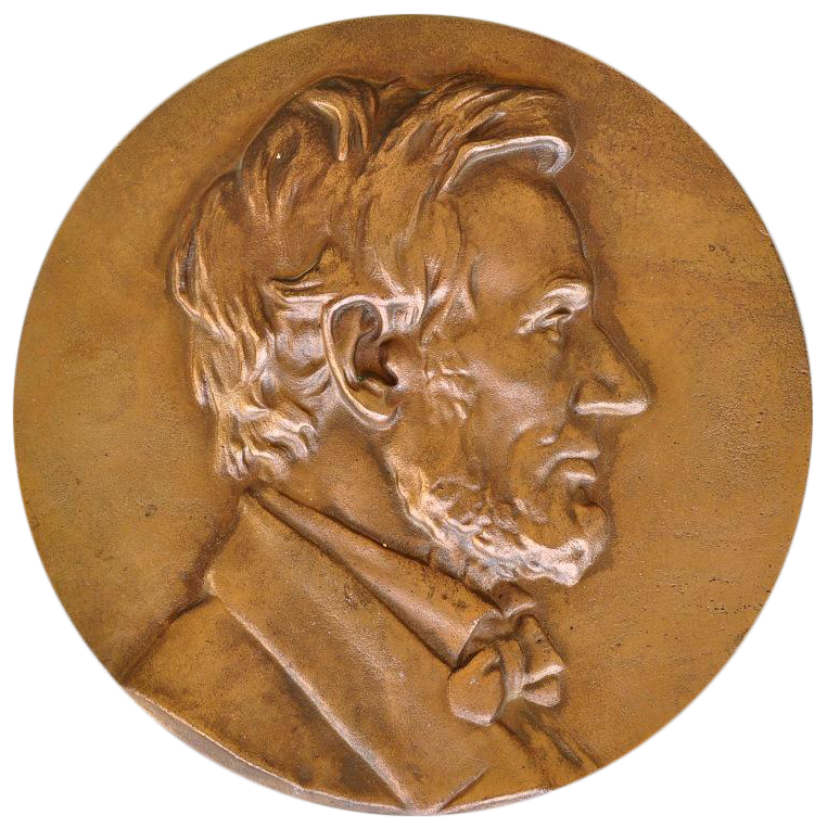 Bronze roundel plaque with 3D relief artwork depicting Abraham Lincoln