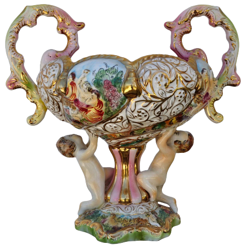 Large Capodimonte porcelain figural centerpiece bowl with handles