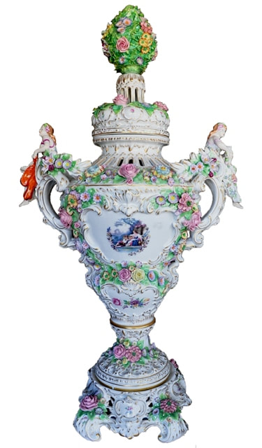 Monumental Sitzendorf potpourri porcelain vase with figural handles and floral decorations​