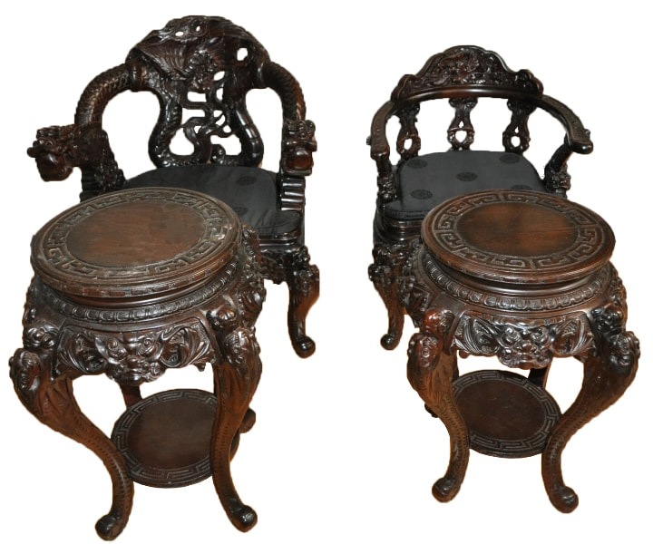 Set of 4 Oriental wood carved dragon chairs and tables
