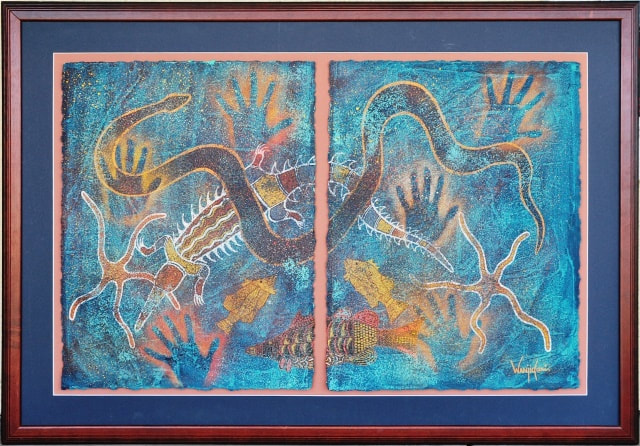 Mixed media painting depicting sea life by Aboriginal Australian artist Leanne Wanjidari